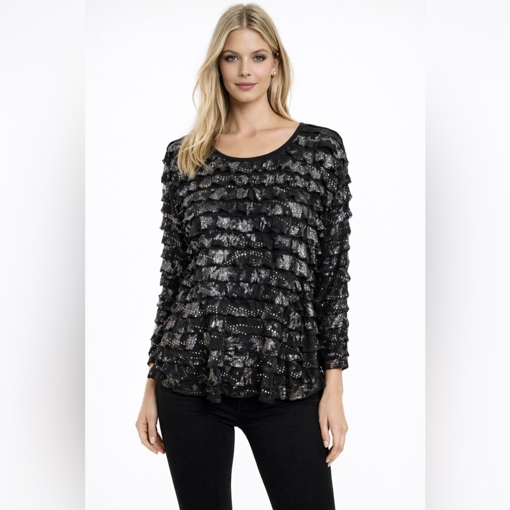Kim Rogers Black/Silver/Sequin Top With Ruffles & 3/4 Sleeve Size 1X